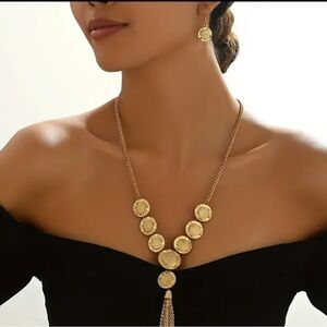 Fashion Geometric Round Chain Tassel Y-shaped Necklace +Geometric Earrings